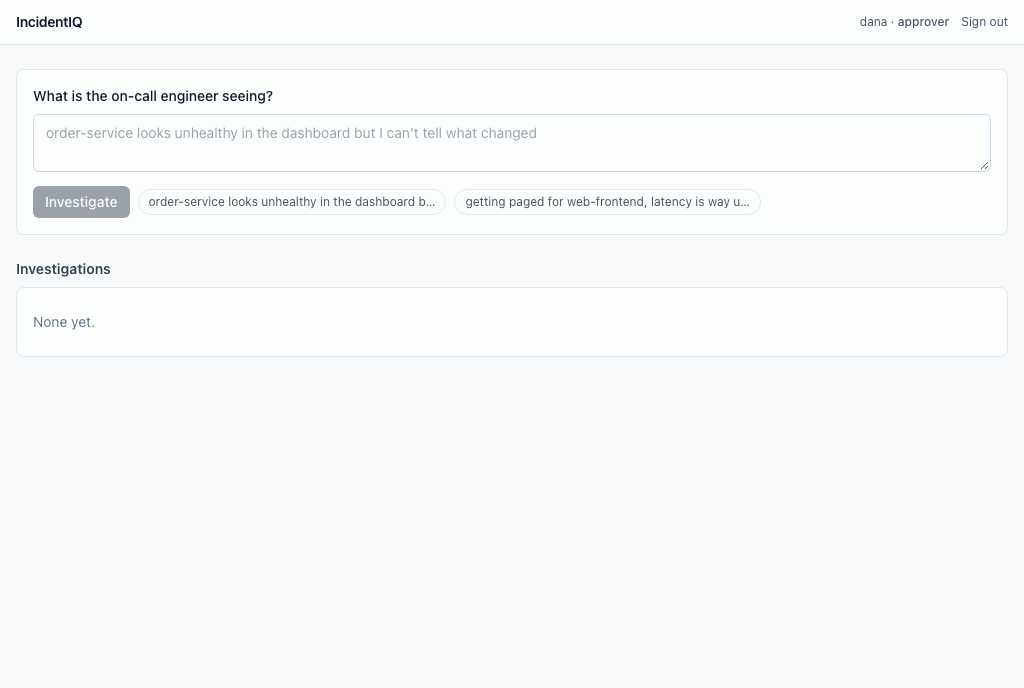 IncidentIQ web UI: the agent reads payment-service and payment-db logs, concludes payment-db is out of disk space, and stops at the approval panel