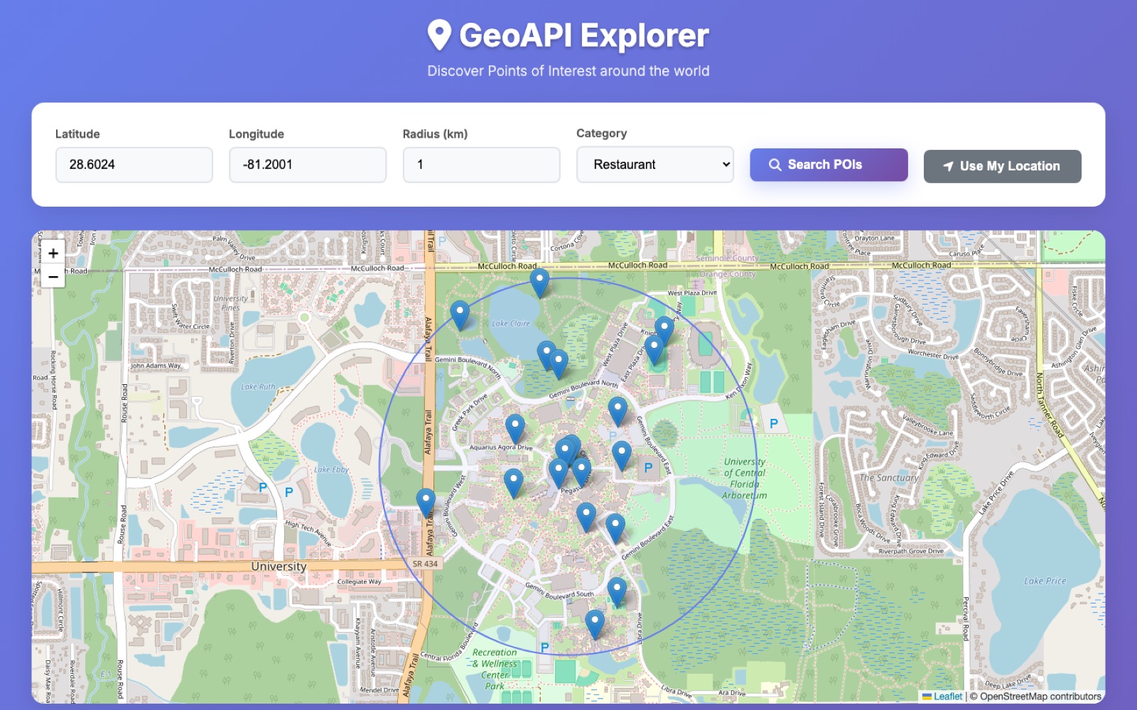 Map UI: a 1 km restaurant search around UCF, with the searched radius outlined and every result inside it